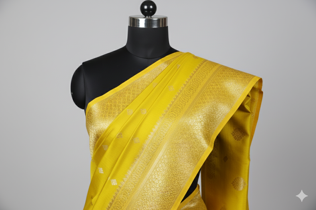 Radiant Mustard Yellow Silk Saree with All-Over Gold Zari Motifs