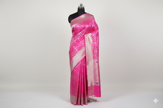 Dazzling Hot Pink Silk Saree with Modern Silver Chevron Weave