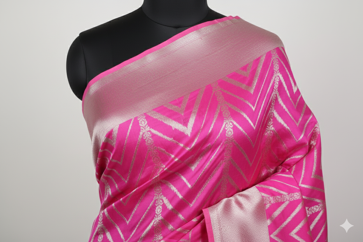 Dazzling Hot Pink Silk Saree with Modern Silver Chevron Weave