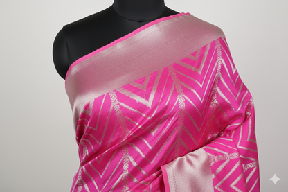 Dazzling Hot Pink Silk Saree with Modern Silver Chevron Weave
