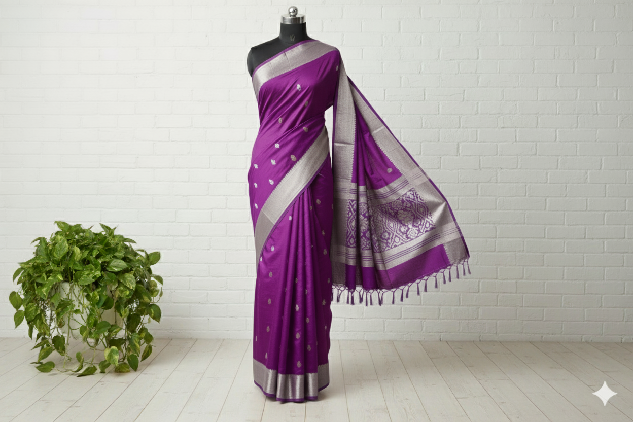 Regal Violet Purple Silk Saree with Heavy Silver Zari Border and Tassels
