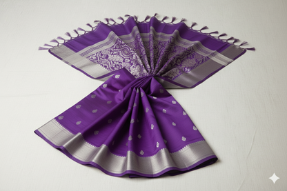 Regal Violet Purple Silk Saree with Heavy Silver Zari Border and Tassels