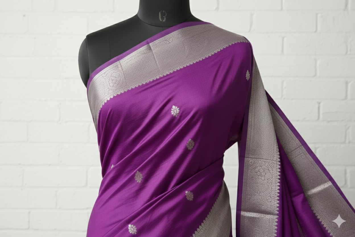 Regal Violet Purple Silk Saree with Heavy Silver Zari Border and Tassels
