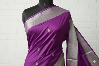 Regal Violet Purple Silk Saree with Heavy Silver Zari Border and Tassels