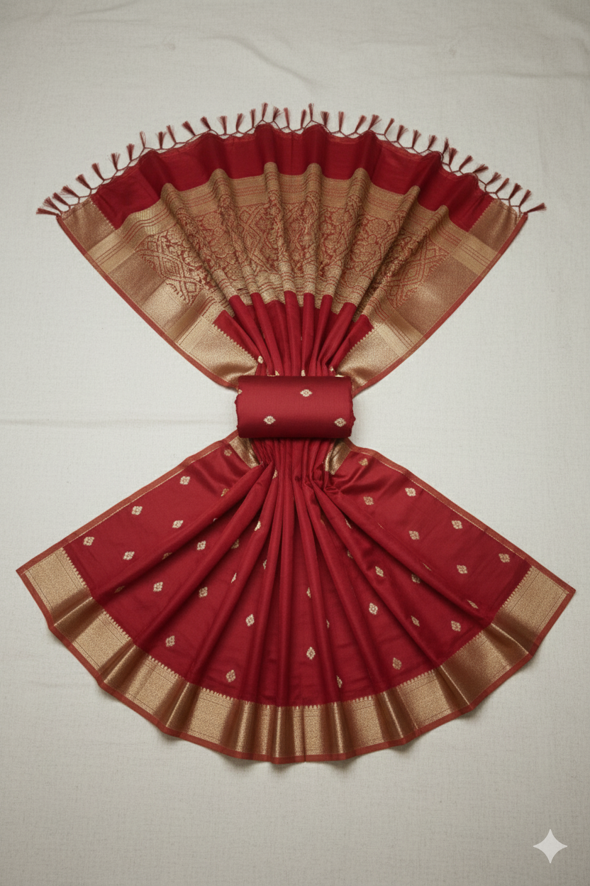 Timeless Maroon Silk Saree with Traditional Gold Zari Butas and Brocade Pallu