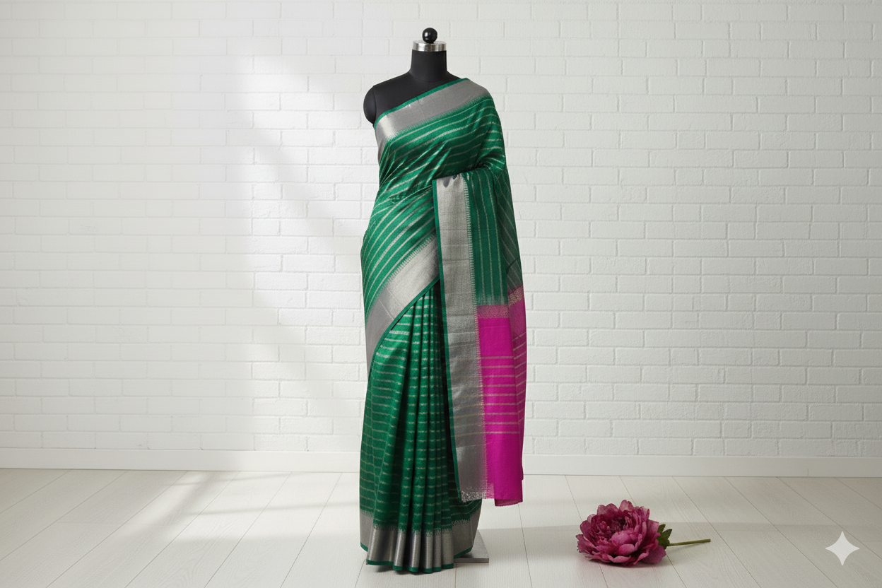 Stunning Emerald Green Silk Saree with Horizontal Silver Stripe Weave