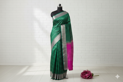 Stunning Emerald Green Silk Saree with Horizontal Silver Stripe Weave
