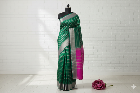 Stunning Emerald Green Silk Saree with Horizontal Silver Stripe Weave