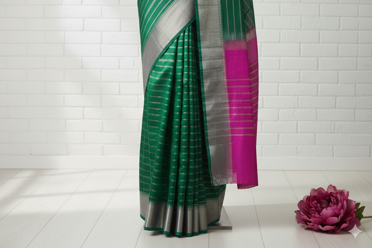 Stunning Emerald Green Silk Saree with Horizontal Silver Stripe Weave