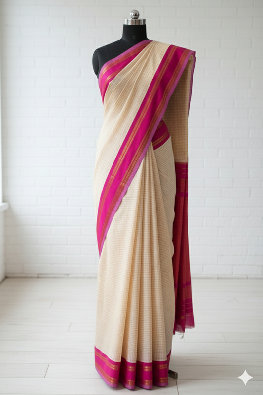 Cream Handloom Cotton Saree with Pink Zari Border