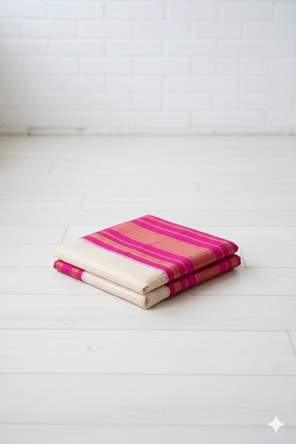 Cream Handloom Cotton Saree with Pink Zari Border