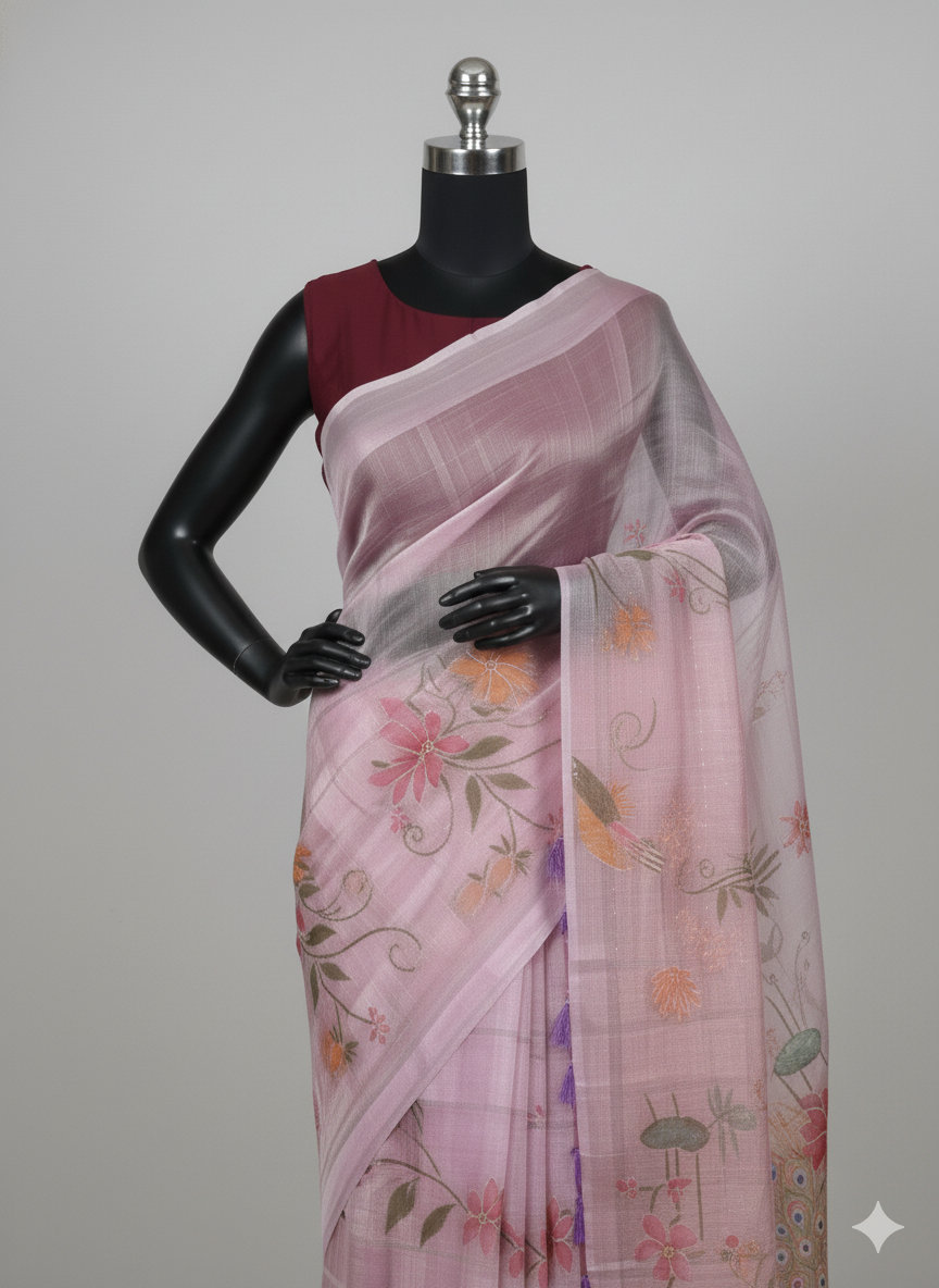 Charming Lilac Pink Linen Saree