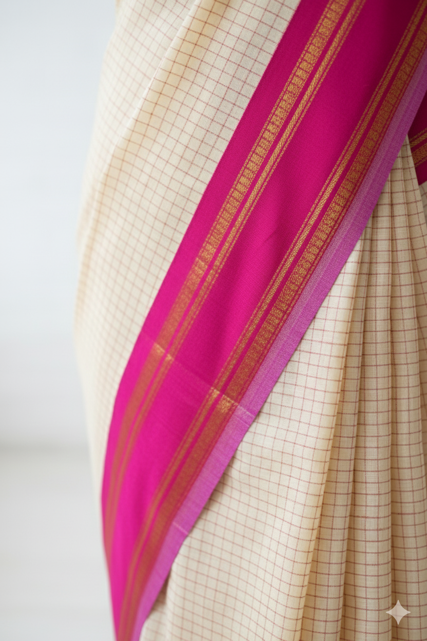 Cream Handloom Cotton Saree with Pink Zari Border