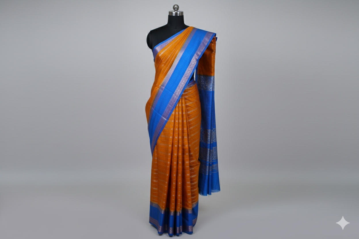 Vibrant Rust Orange Silk Saree with Bold Royal Blue Border