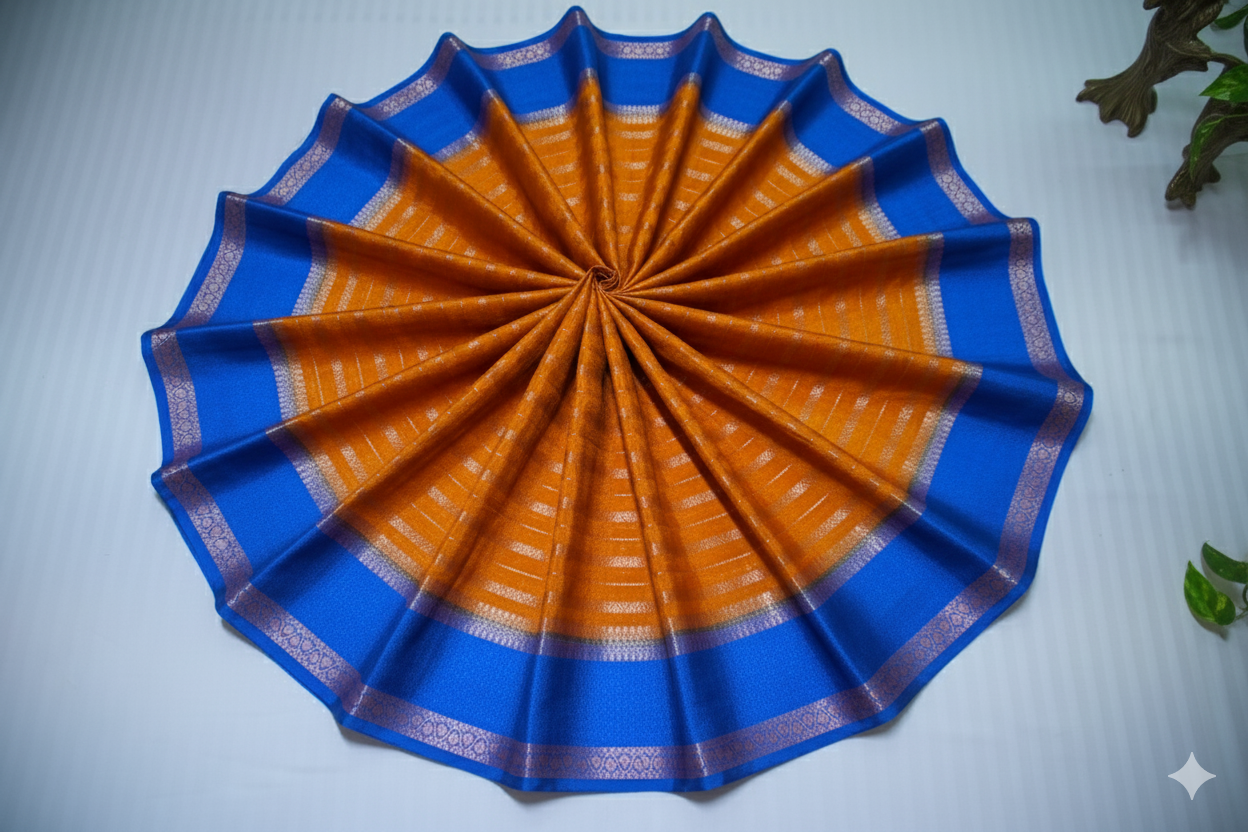 Vibrant Rust Orange Silk Saree with Bold Royal Blue Border