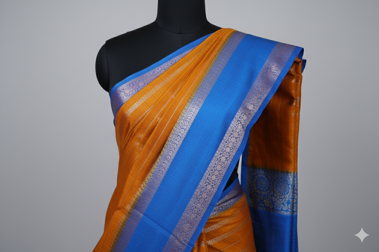 Vibrant Rust Orange Silk Saree with Bold Royal Blue Border