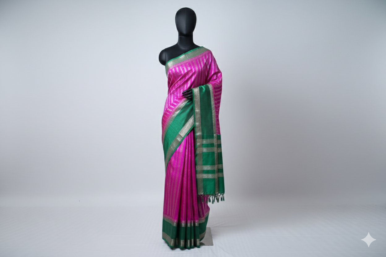 Vibrant Fuchsia Pink Silk Saree with Bold Emerald Green Contrast