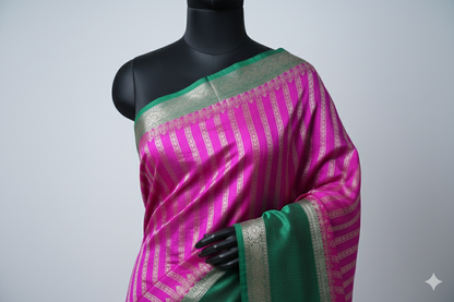 Vibrant Fuchsia Pink Silk Saree with Bold Emerald Green Contrast