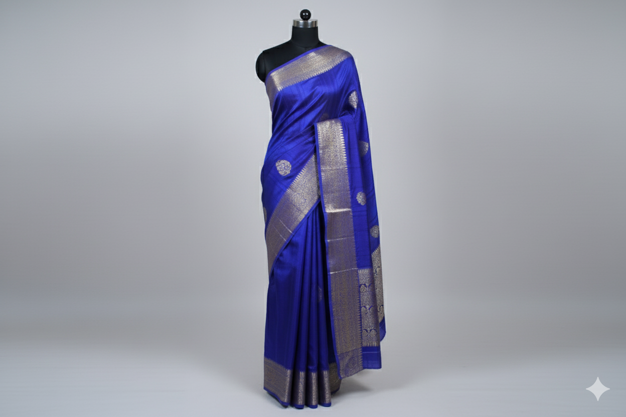 Royal Blue Kanjivaram Silk Saree with Silver Zari Border & Motifs