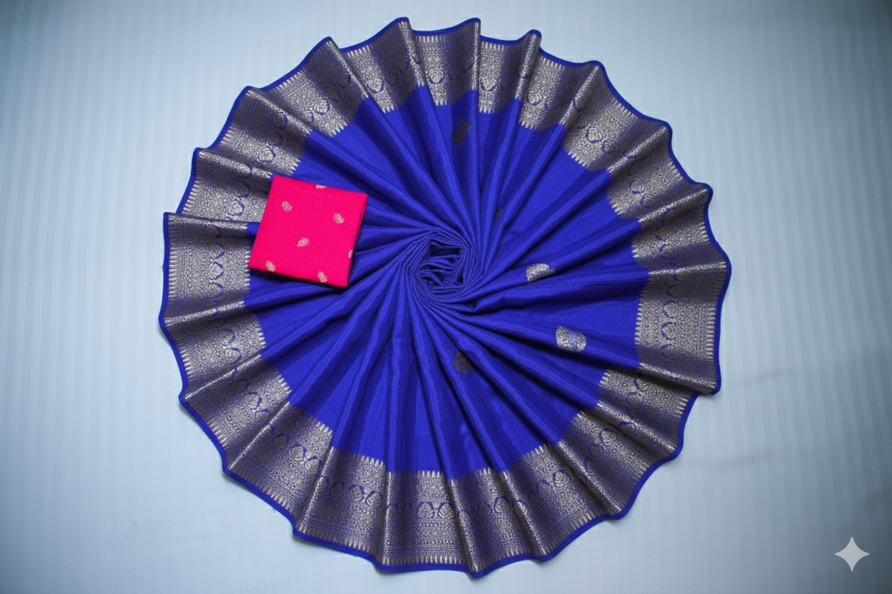 Royal Blue Kanjivaram Silk Saree with Silver Zari Border & Motifs