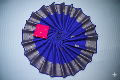 Royal Blue Kanjivaram Silk Saree with Silver Zari Border & Motifs
