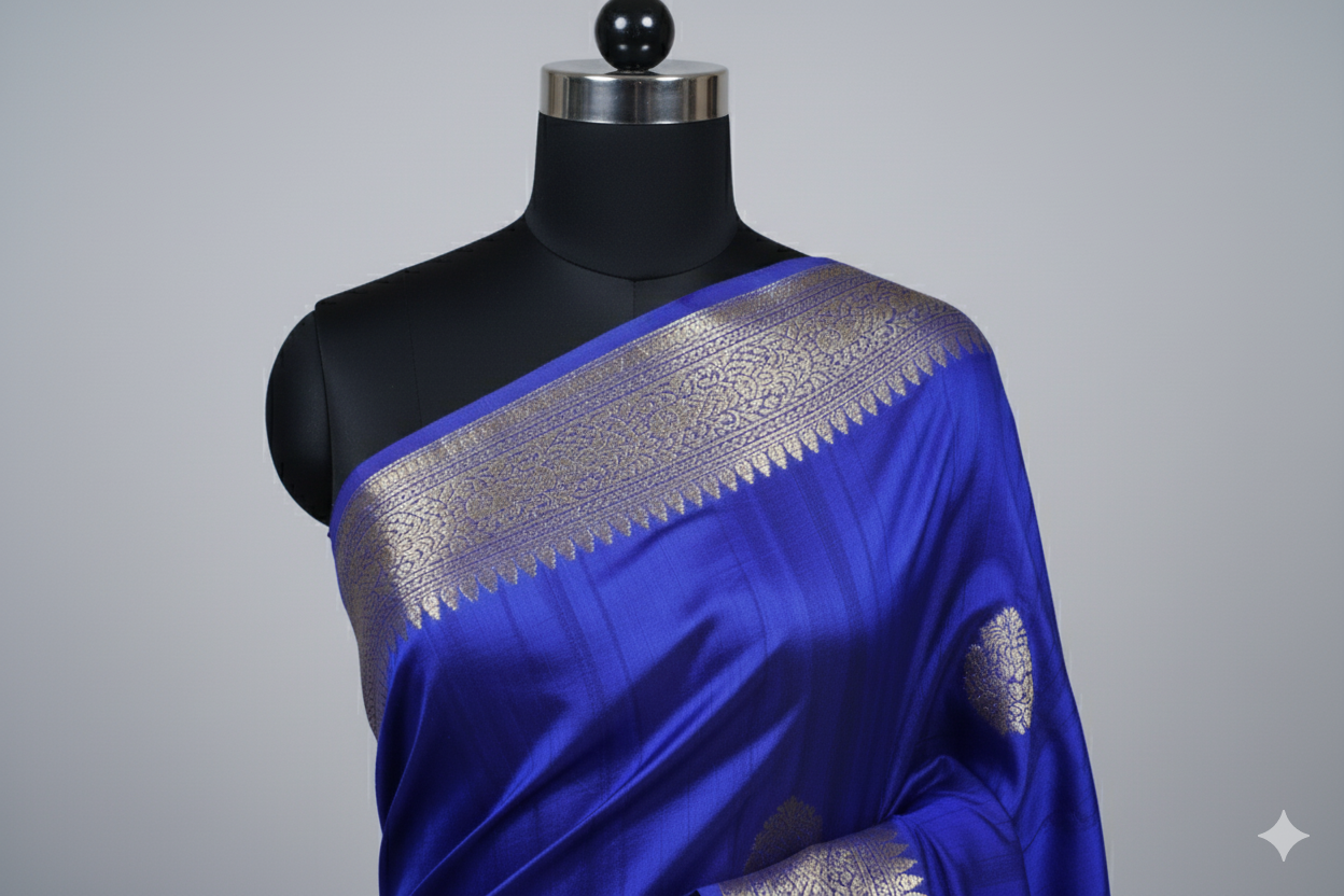 Royal Blue Kanjivaram Silk Saree with Silver Zari Border & Motifs