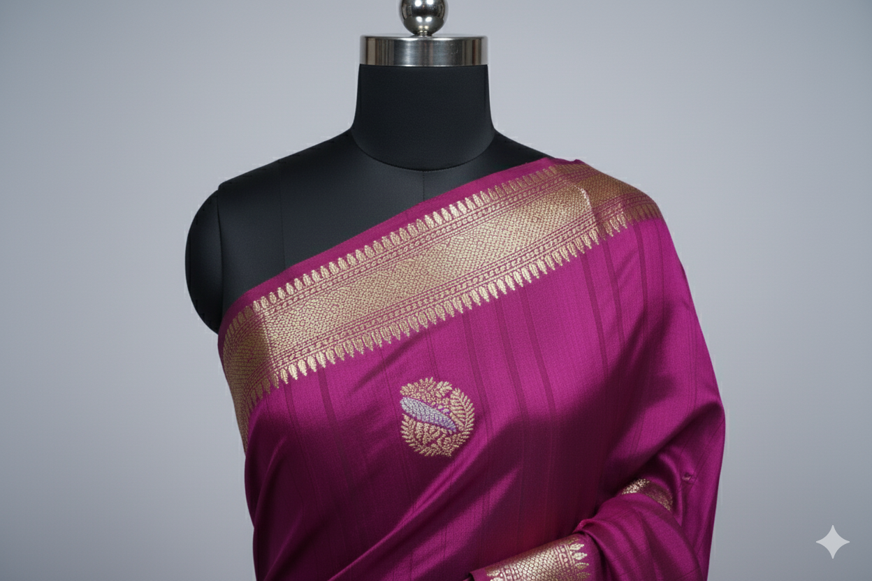 Magenta Kanjivaram Silk Saree with Golden Zari Border & Motifs