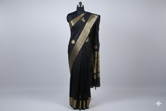 Black Kanjivaram Silk Saree with Rich Golden Zari Border & Mustard Blouse Piece