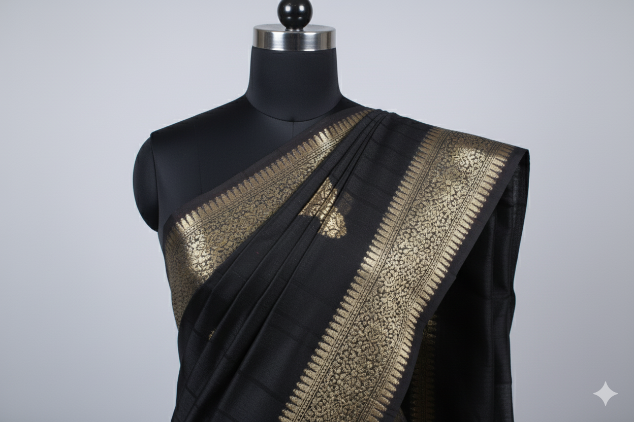 Black Kanjivaram Silk Saree with Rich Golden Zari Border & Mustard Blouse Piece