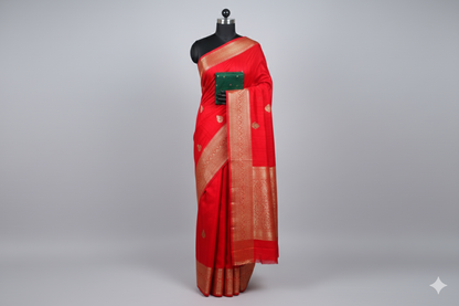 Red Kanjivaram Silk Saree with Golden Zari Border & Green Blouse Piece
