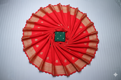 Red Kanjivaram Silk Saree with Golden Zari Border & Green Blouse Piece
