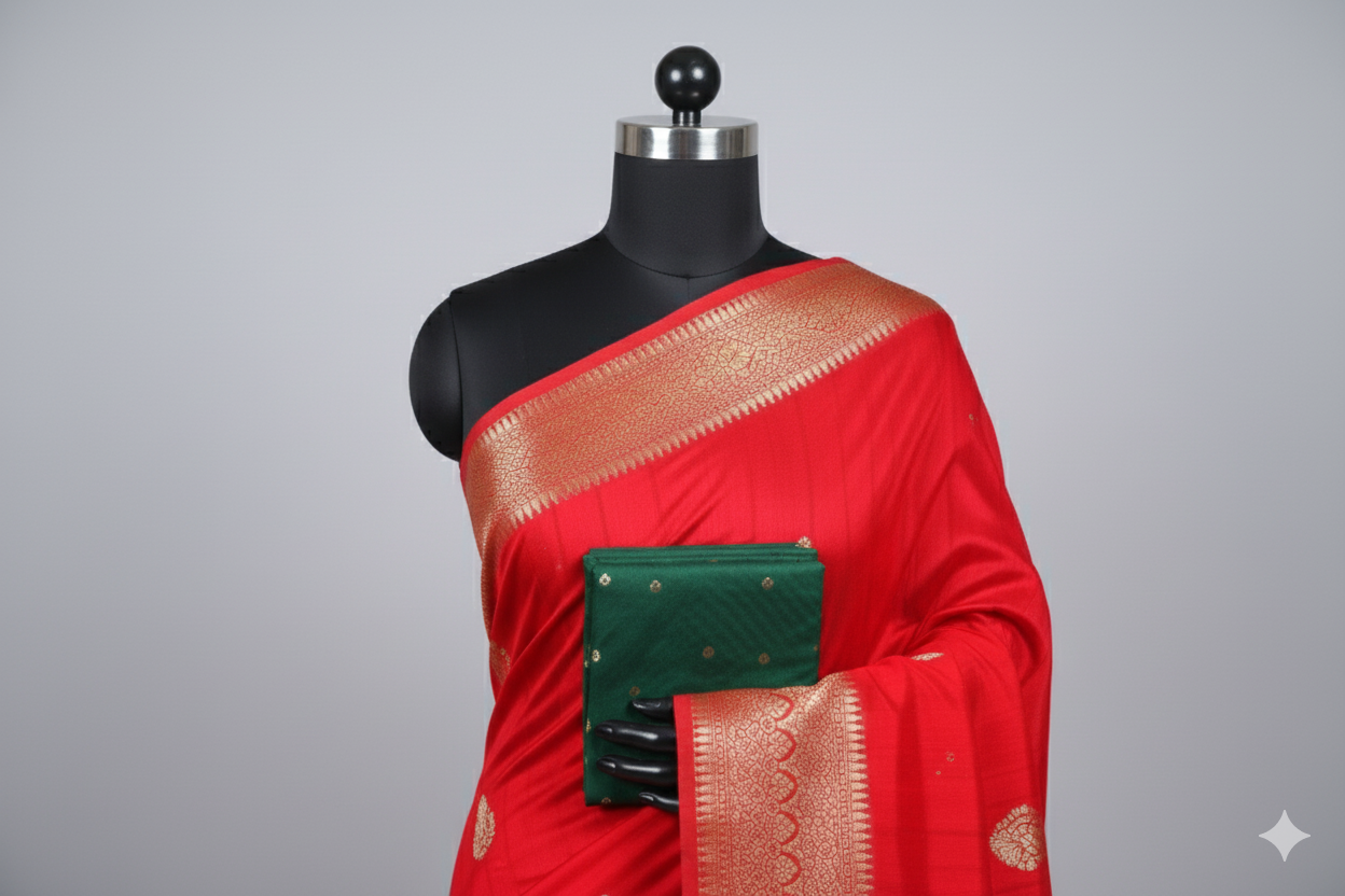 Red Kanjivaram Silk Saree with Golden Zari Border & Green Blouse Piece