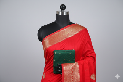 Red Kanjivaram Silk Saree with Golden Zari Border & Green Blouse Piece