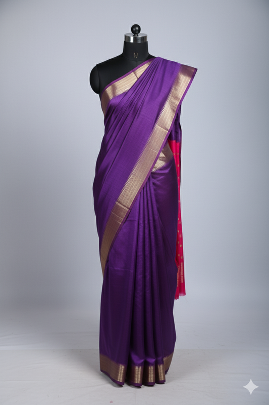 Royal Purple Kanjivaram Silk Saree with Golden Zari Border & Pink Contrast