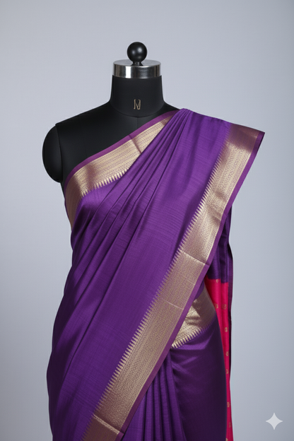 Royal Purple Kanjivaram Silk Saree with Golden Zari Border & Pink Contrast