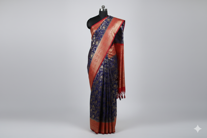 Royal Blue Banarasi Silk Saree with Red Contrast Border & All-Over Zari