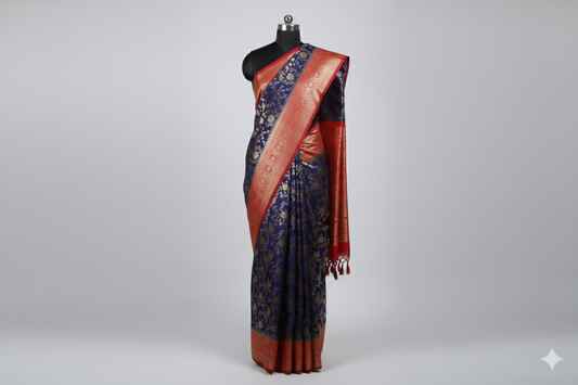 Royal Blue Banarasi Silk Saree with Red Contrast Border & All-Over Zari