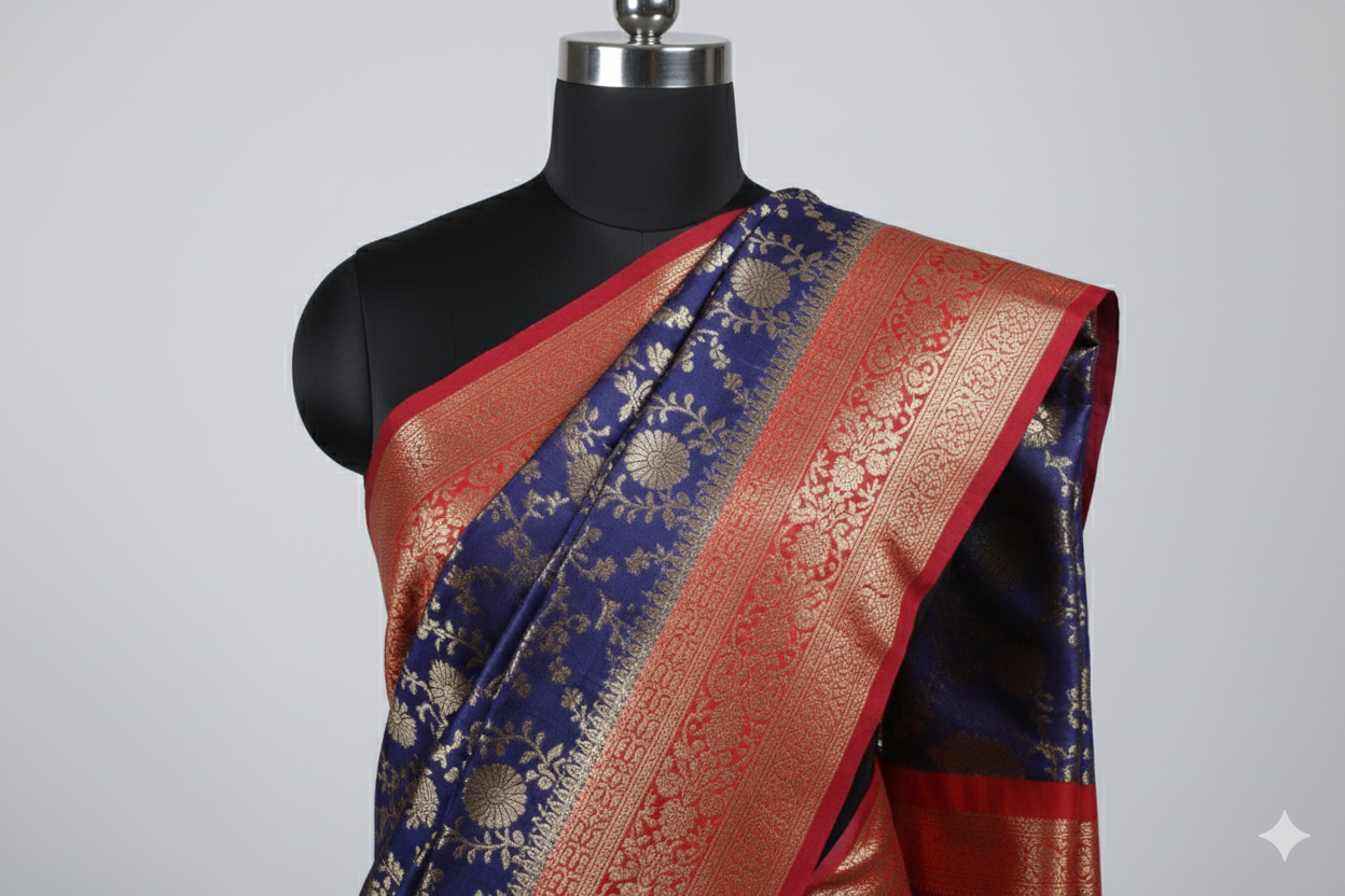 Royal Blue Banarasi Silk Saree with Red Contrast Border & All-Over Zari