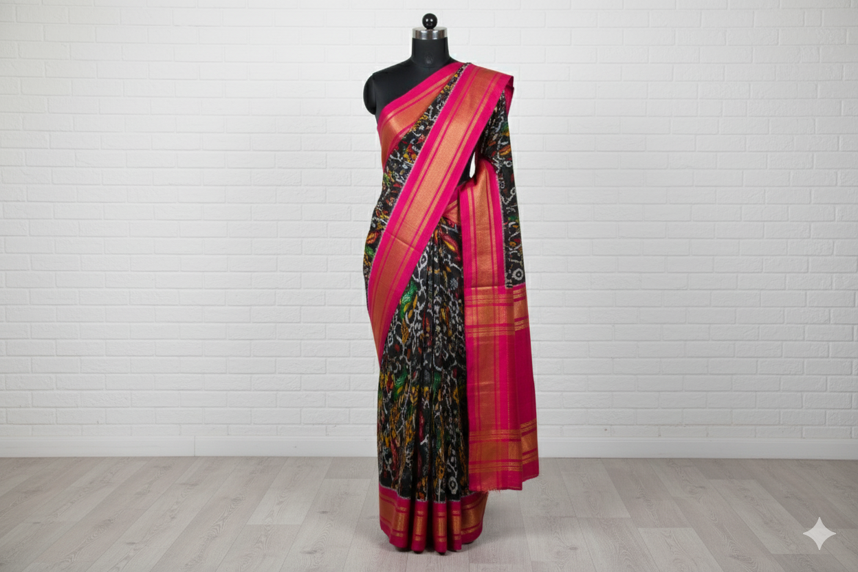 Black Ikat Silk Saree with Pink & Golden Border