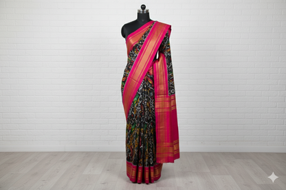 Black Ikat Silk Saree with Pink & Golden Border