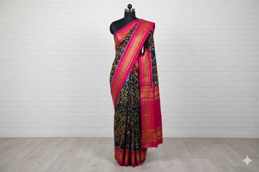 Black Ikat Silk Saree with Pink & Golden Border
