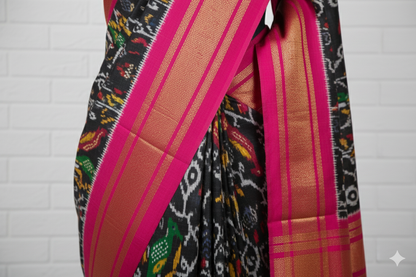 Black Ikat Silk Saree with Pink & Golden Border