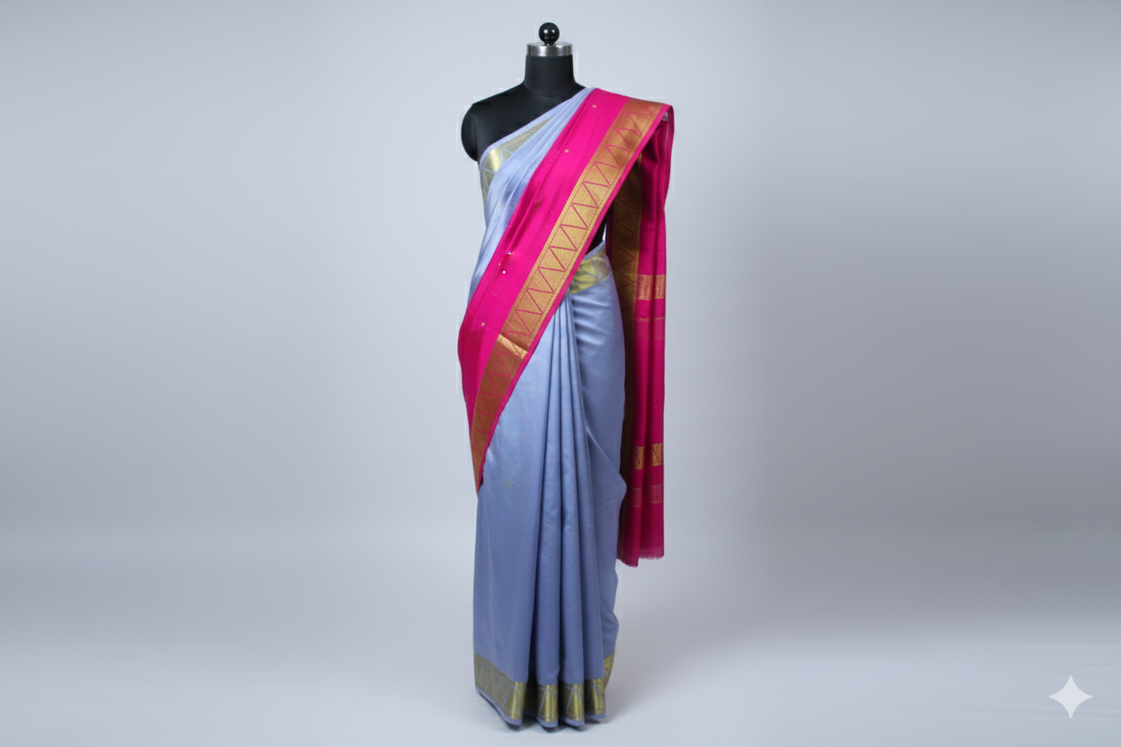 Lavender Silk Saree with Pink Contrast Zari Border