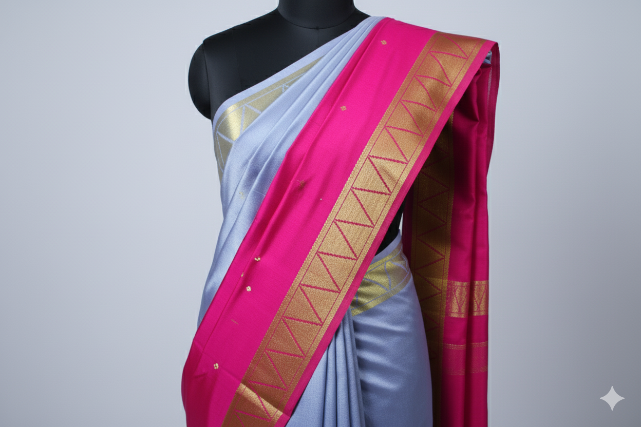 Lavender Silk Saree with Pink Contrast Zari Border