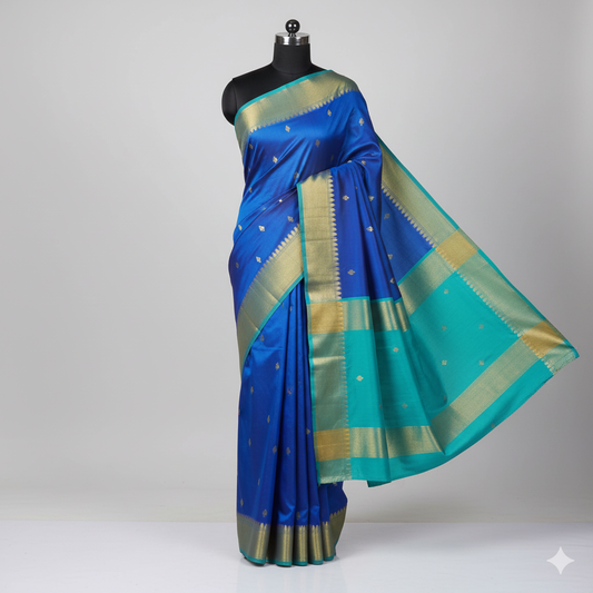 Stunning Royal Blue Silk Saree with Turquoise Contrast and Gold Zari