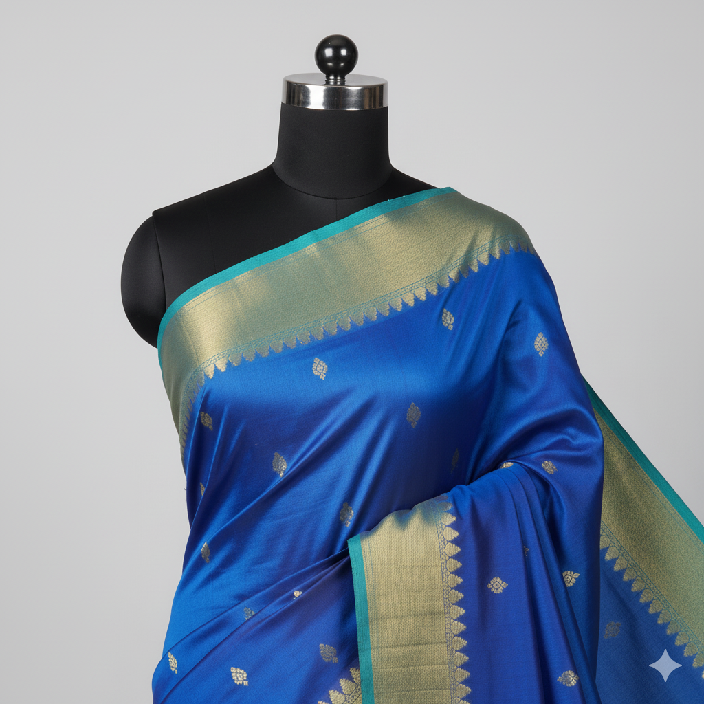 Stunning Royal Blue Silk Saree with Turquoise Contrast and Gold Zari
