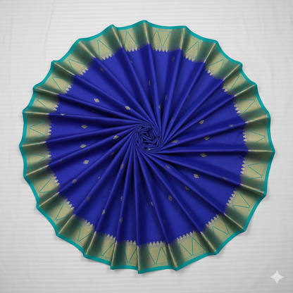 Stunning Royal Blue Silk Saree with Turquoise Contrast and Gold Zari