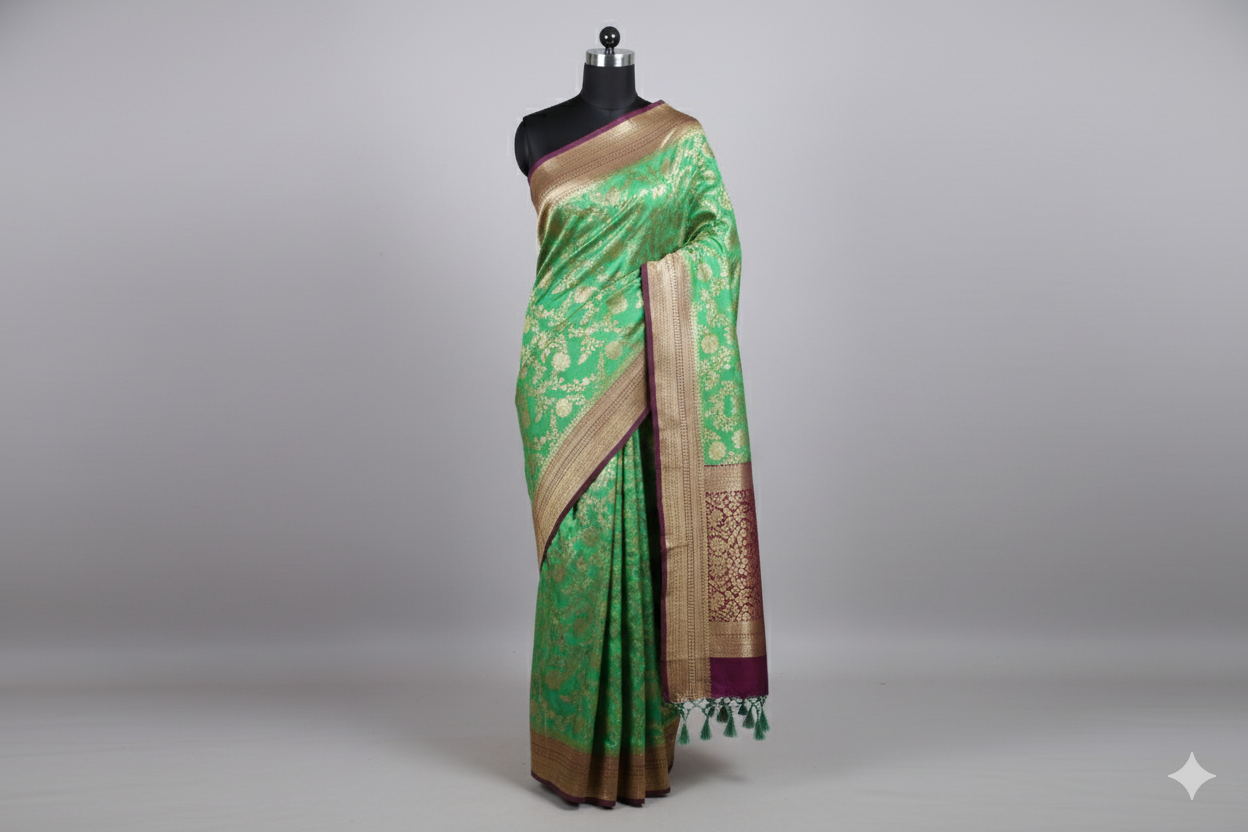 Opulent Parrot Green Silk Saree with All-Over Gold Floral Brocade