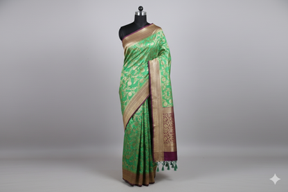Opulent Parrot Green Silk Saree with All-Over Gold Floral Brocade