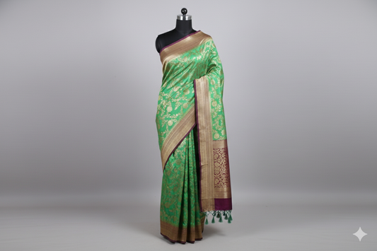 Opulent Parrot Green Silk Saree with All-Over Gold Floral Brocade